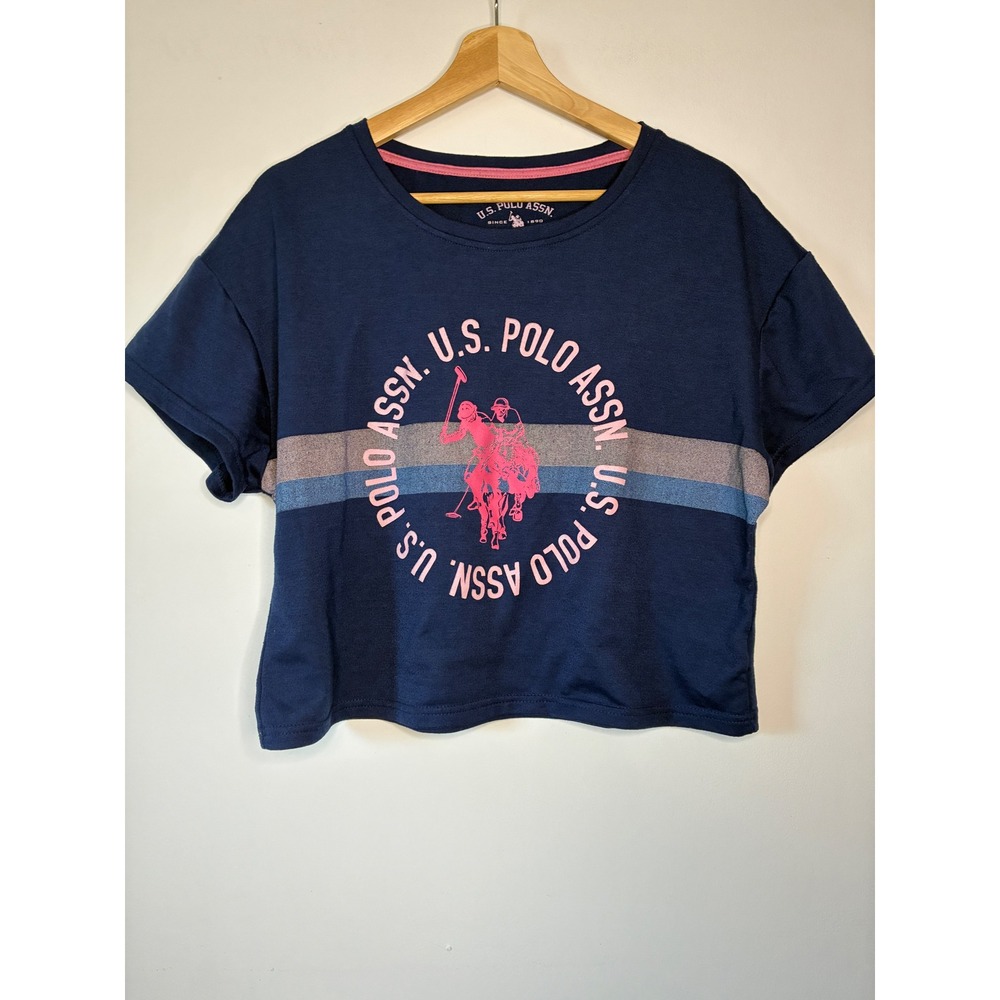 U.S. Polo Assn. T-Shirt Womens XL Navy Blue Graphic Logo Crop Top RN 93010 - Picture 1 of 7
